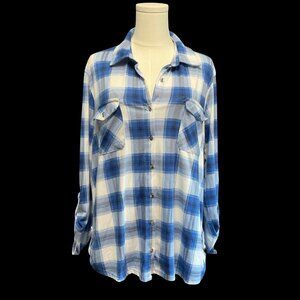 Blue White Plaid Long Sleeve Top w/ Sleeve & Hem Detail
